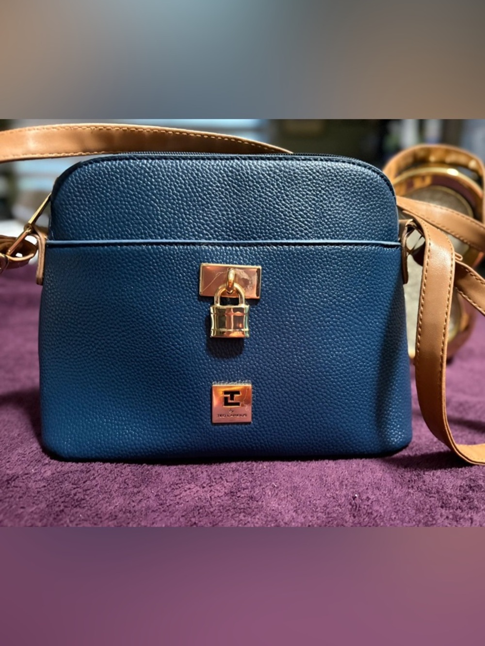 Blue Crossbody Bag with Gold Hardware and Tan Strap. Ted Lapidus, medium size.